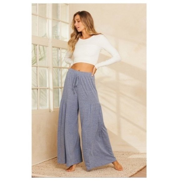 Ces Femme Pants - BLUE WIDE LEG PANTS/ PALAZZO  w/ SHIRTING DETAIL-NEW